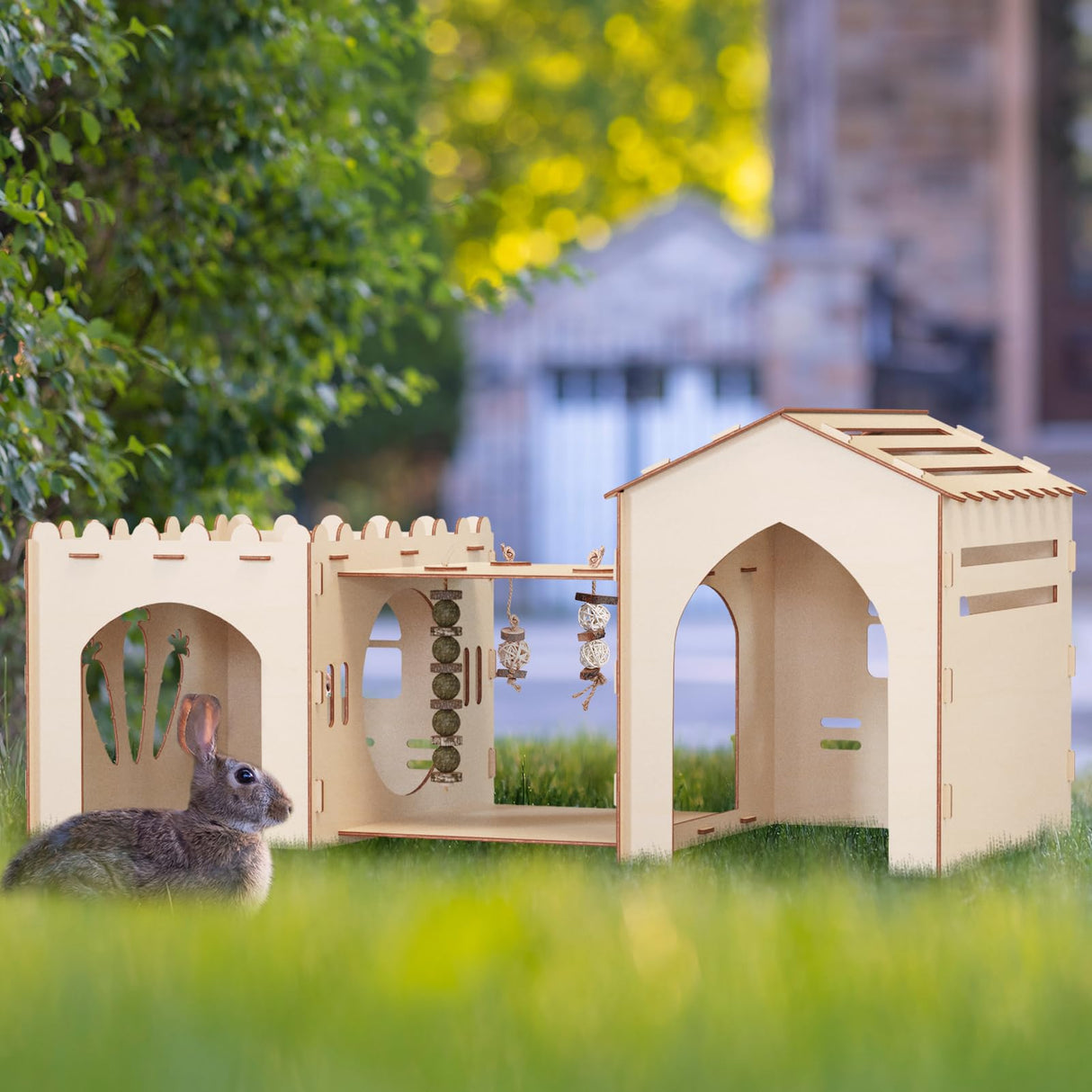 Woiworco Extra Large Rabbit Castle Hideout Bunny House with 3 Houses and Toys, Wooden Bunny Hideout Indoor Large Rabbit Hutch Play Houses and Woiworco