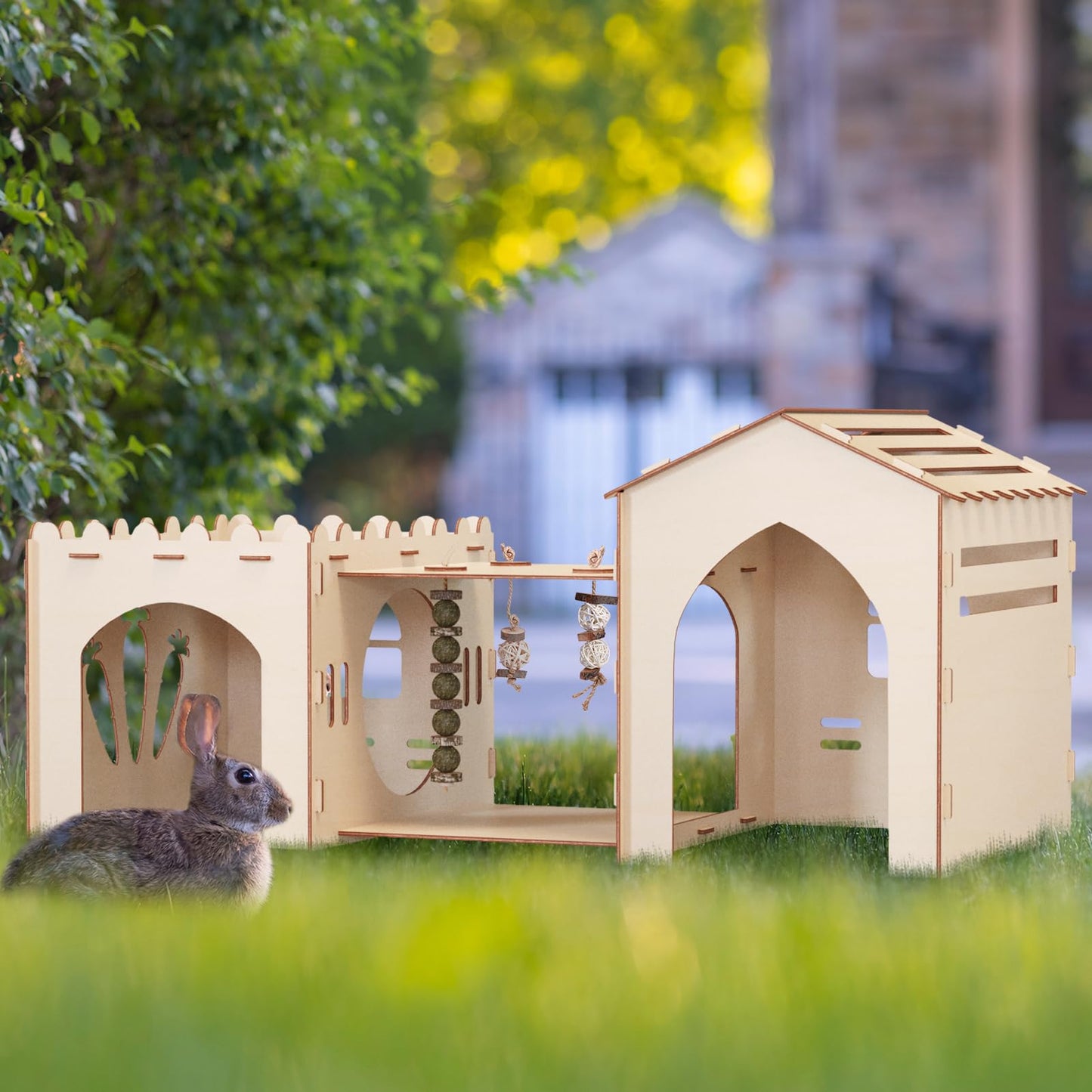 Woiworco Extra Large Rabbit Castle Hideout Bunny House with 3 Houses and Toys, Wooden Bunny Hideout Indoor Large Rabbit Hutch Play Houses and - WoodArtSupply