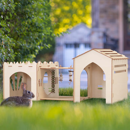 Woiworco Extra Large Rabbit Castle Hideout Bunny House with 3 Houses and Toys, Wooden Bunny Hideout Indoor Large Rabbit Hutch Play Houses and - WoodArtSupply