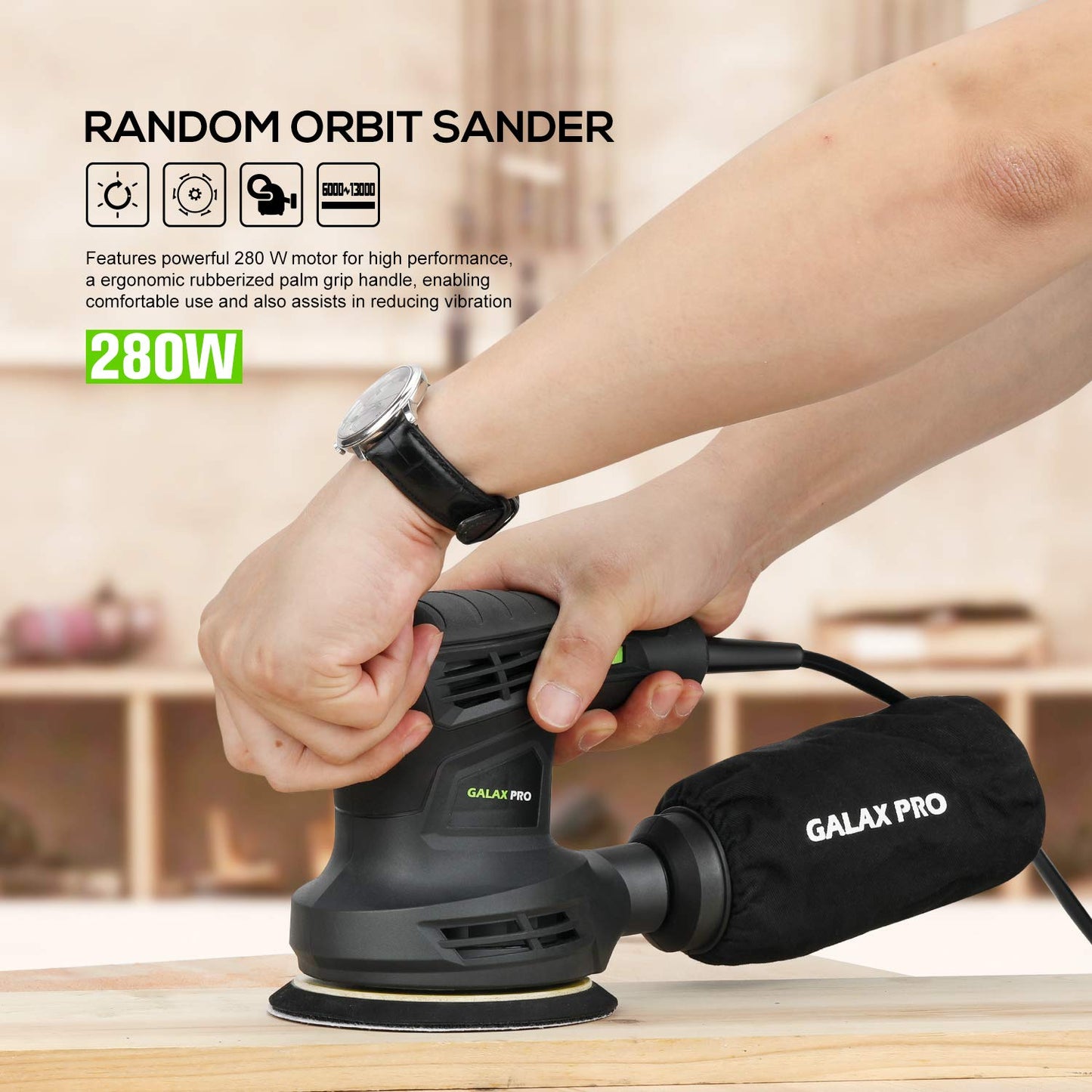 GALAX PRO 280W 13000OPM Max 6 Variable Speeds Orbital Sander with 15Pcs Sanding Discs, 5” electric Sander with Dust Collector for Sanding and - WoodArtSupply