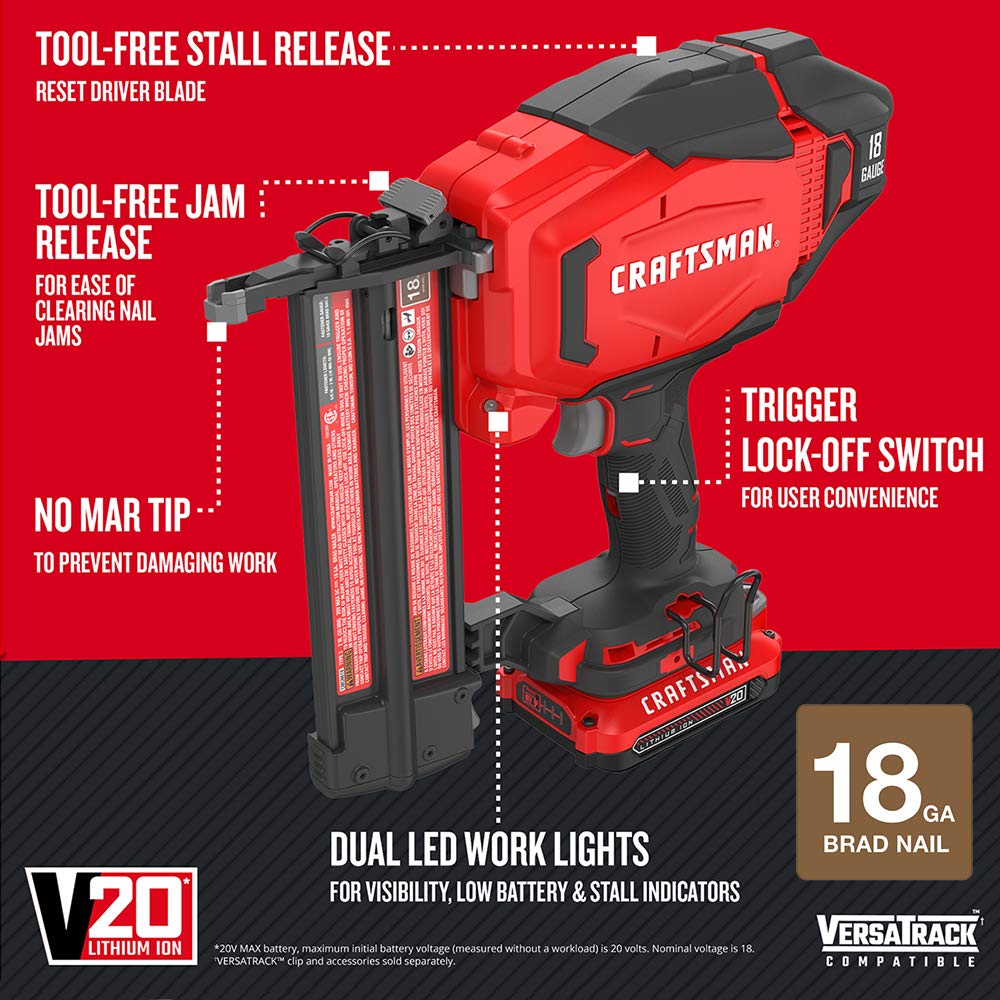 CRAFTSMAN V20 Cordless Brad Nailer Kit, 18GA (CMCN618C1) Craftsman