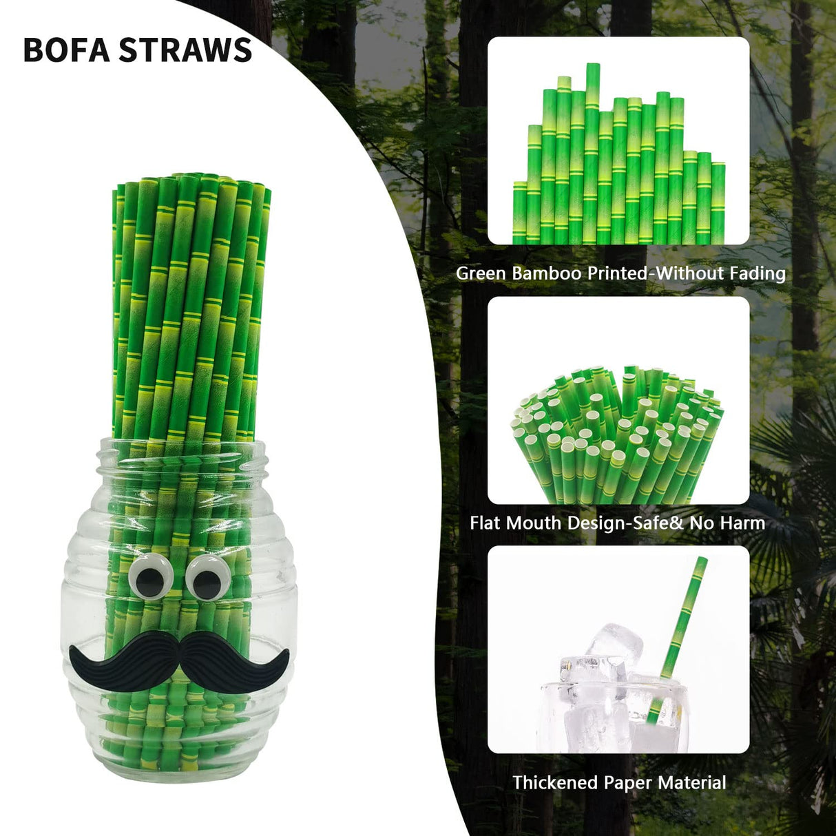 Green Bamboo Paper Straws, 100 Pieces Bamboo Printed Disposable Biodegradable Paper Drinking Straws for Cocktail, Party Decoration BOFA Eco Tableware