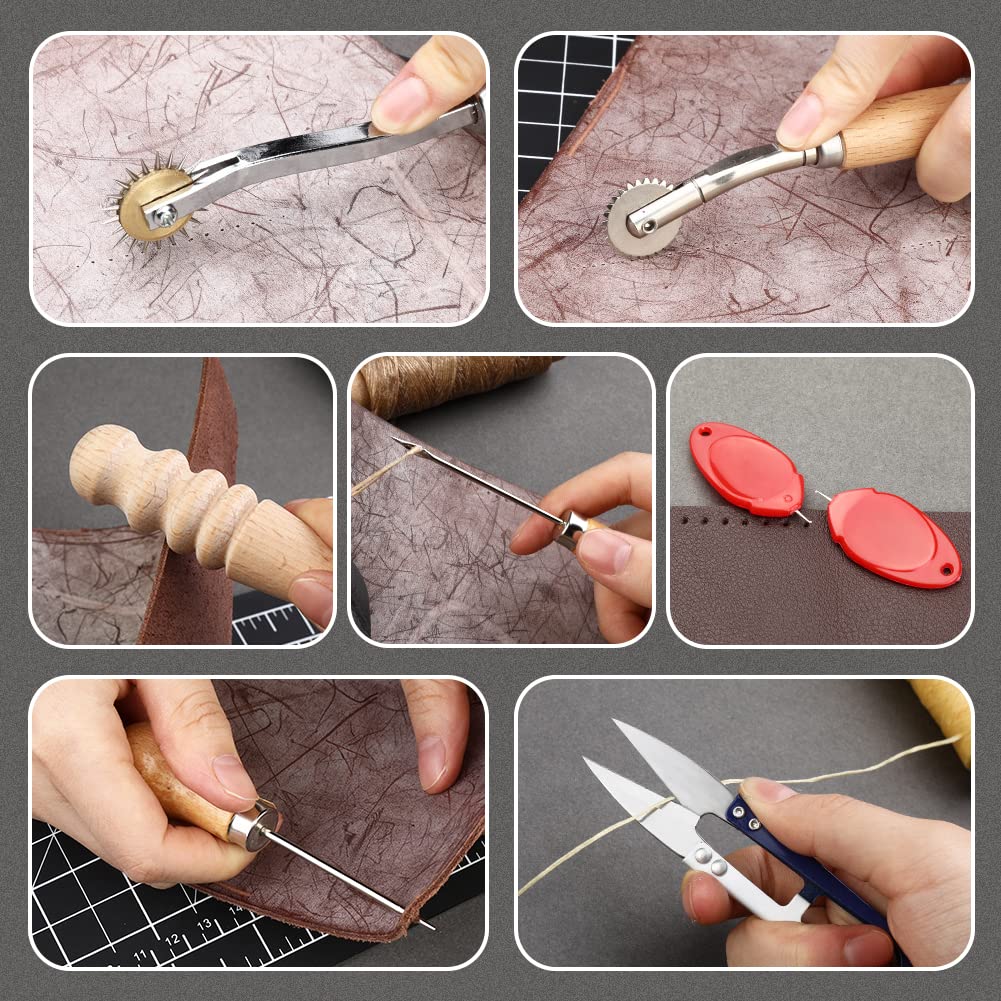 BAGERLA Leather Working Tools, Leather Sewing Kit with Waxed Thread Needle Awl Groover Tracing Wheel Prong Punch Storage Bag Leather Tools Kit Great BAGERLA