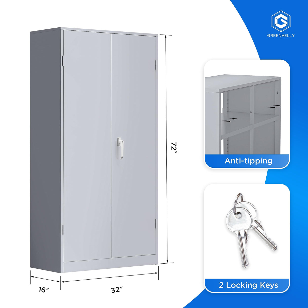 Greenvelly Metal Storage Cabinet, 72” Tall Locking Steel Storage Cabinet with 2 Doors and 4 Adjustable Shelves, Metal File Cabinet for Home Office, Greenvelly