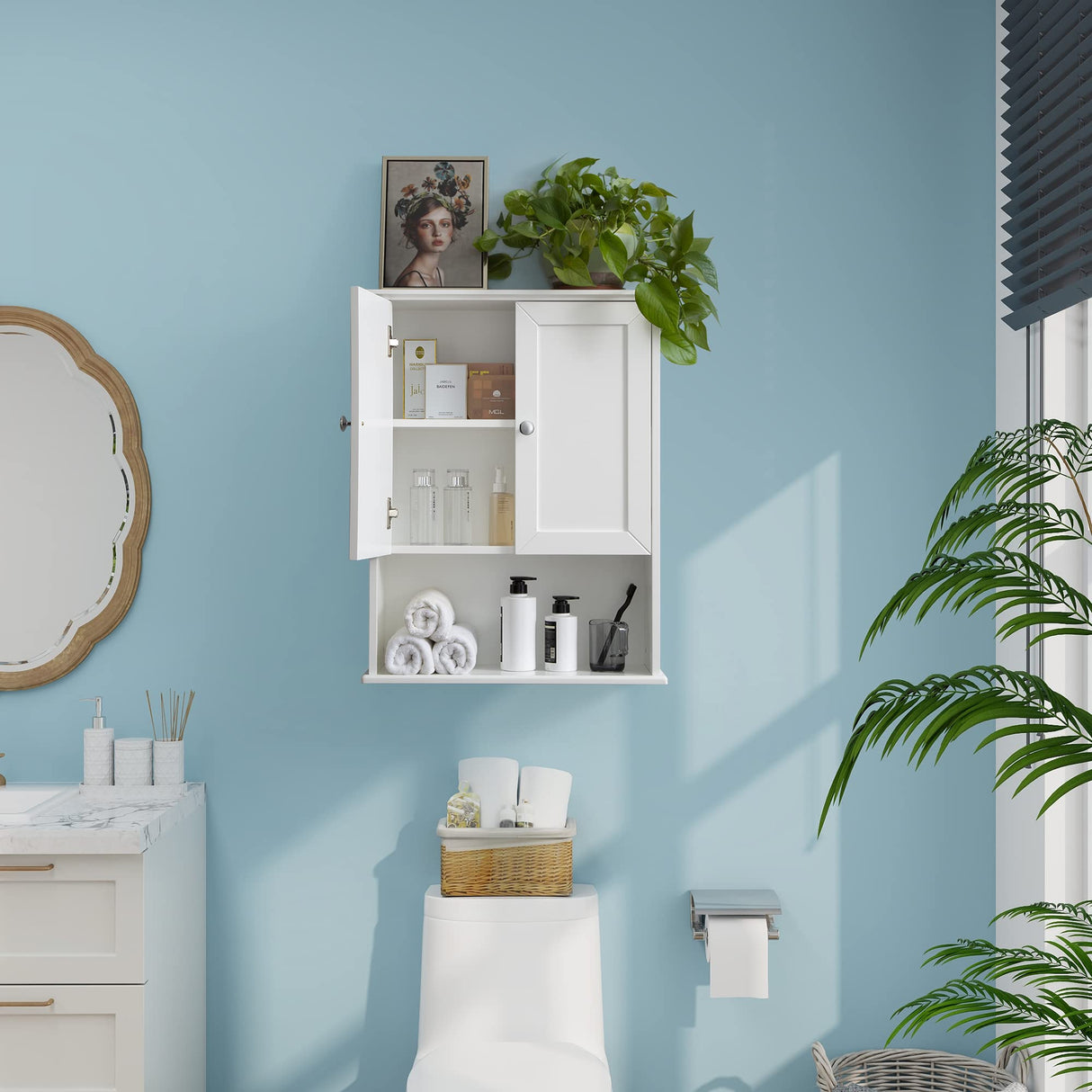 VANIRROR White Over-The-Toilet Storage Cabinet with Adjustable Shelves and Soft-Close Hinges VANIRROR