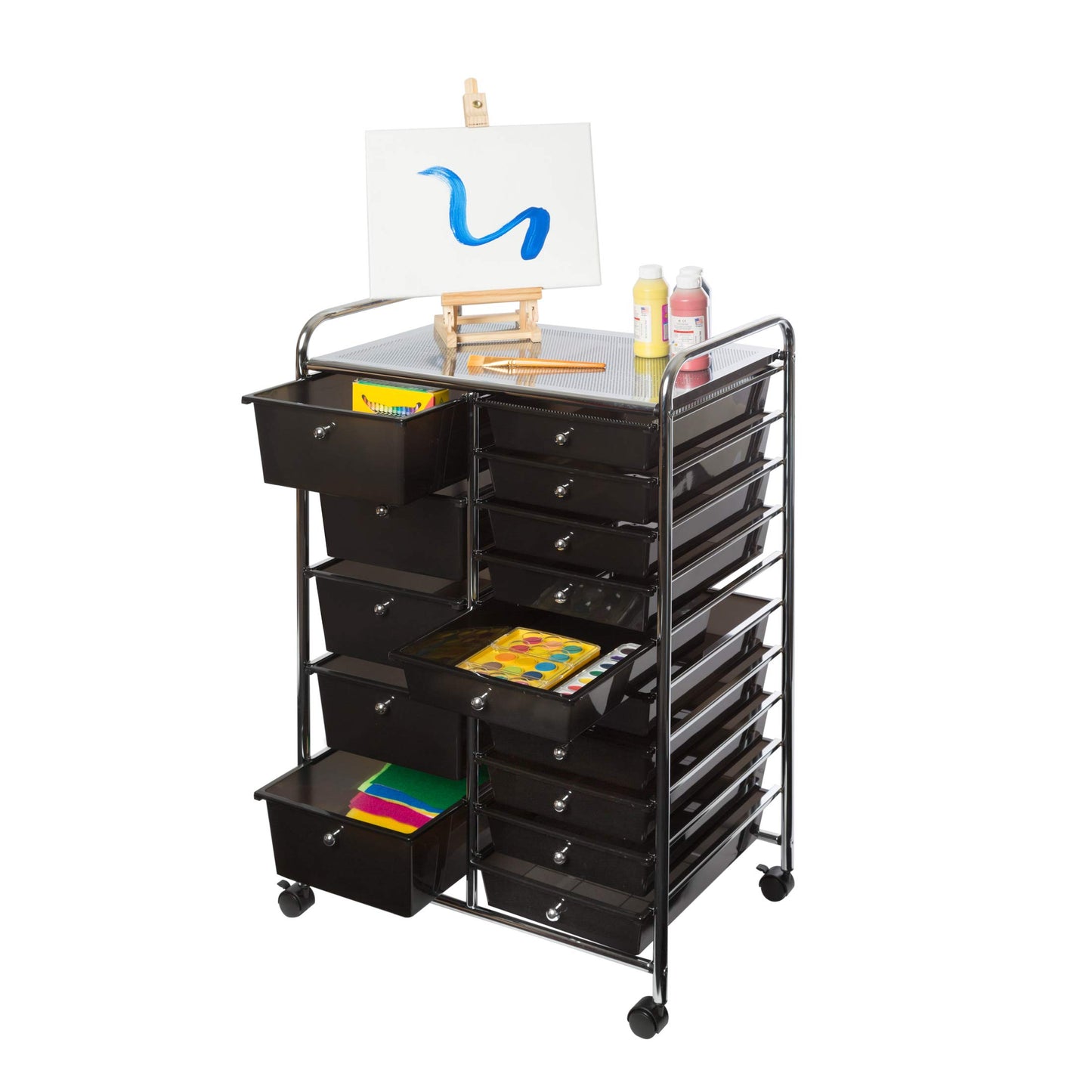 Seville Classics Rolling Utility Organizer Storage Cart for Home Office, School, Classroom, Scrapbook, Hobby, Craft, 15 Drawer, Black