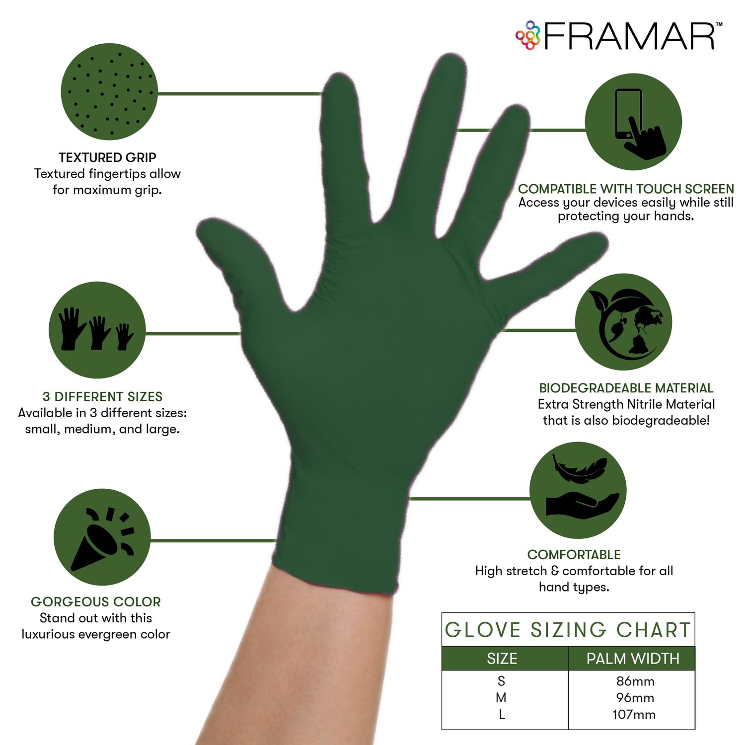 FRAMAR Green Gloves Disposable Latex Free – Heavy Duty Nitrile Gloves Medium, Disposable Gloves Medium Nitrile Gloves, Tattoo Gloves, Guantes FRAMAR