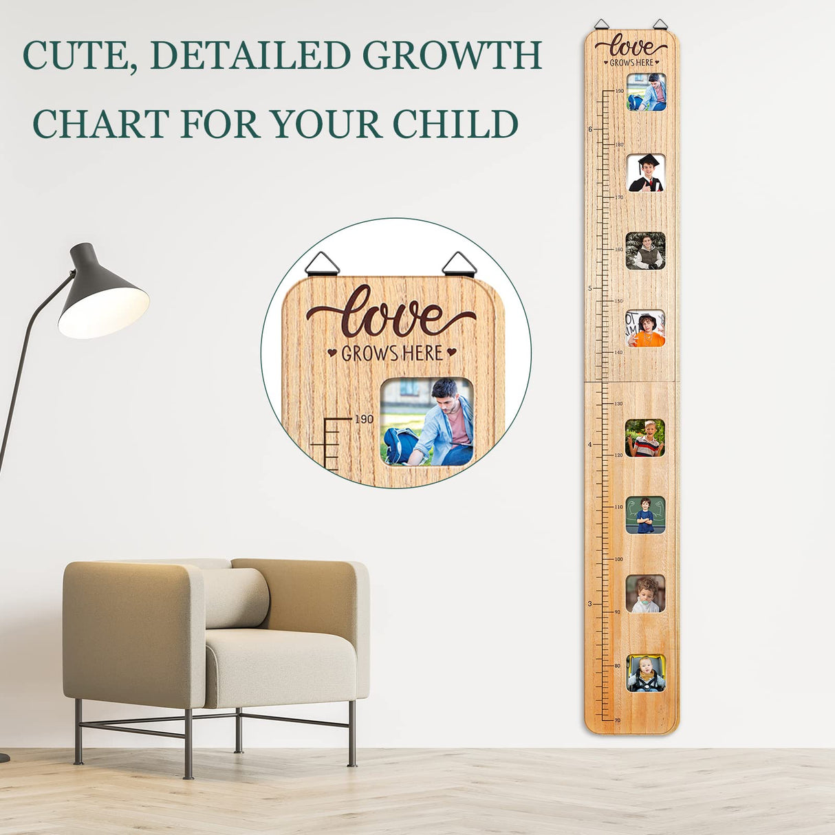 Wood Growth Chart for Kids with Picture Frames Boho Wooden Height Measurement Ruler Milestone Markers Foldable Height Chart for Kids Measuring Chart Chunful