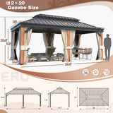 EROMMY 12' x 20' Hardtop Gazebo, Wooden Grain Aluminum Frame Canopy with Galvanized Steel Roof, Outdoor Permanent Pavilion with Curtains and Nettings EROMMY