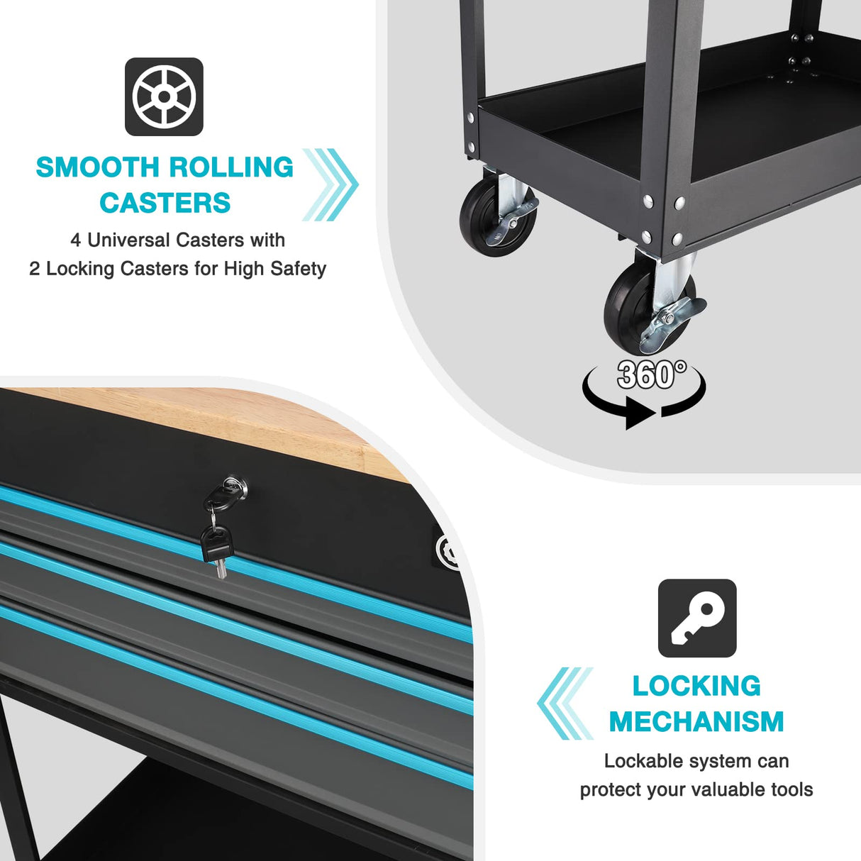 DURATECH 30-1/2 in 3-Drawer Rolling Tool Cart with Wood Top, Heavy Duty Storage Organizer Cabinet, Utility Industrial Service Cart with Casters and DURATECH