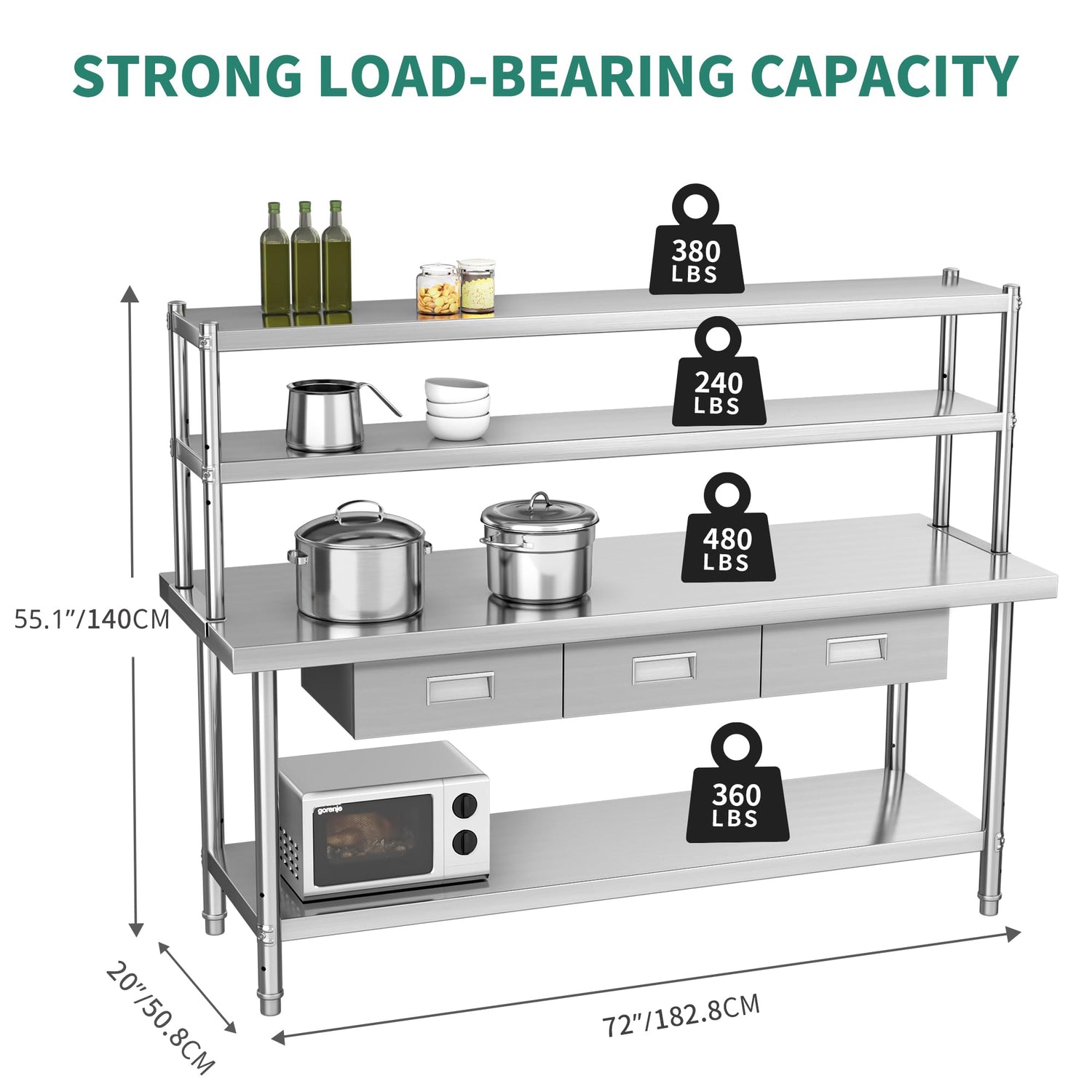 YITAHOME 72" X 24" Stainless Steel Table with Overshelves & Drawers, Work Table with 72" X 12" Shelf & 3 Drawers, Metal Table Prep Table for Home YITAHOME