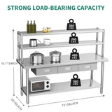 YITAHOME 72" X 24" Stainless Steel Table with Overshelves & Drawers, Work Table with 72" X 12" Shelf & 3 Drawers, Metal Table Prep Table for Home YITAHOME