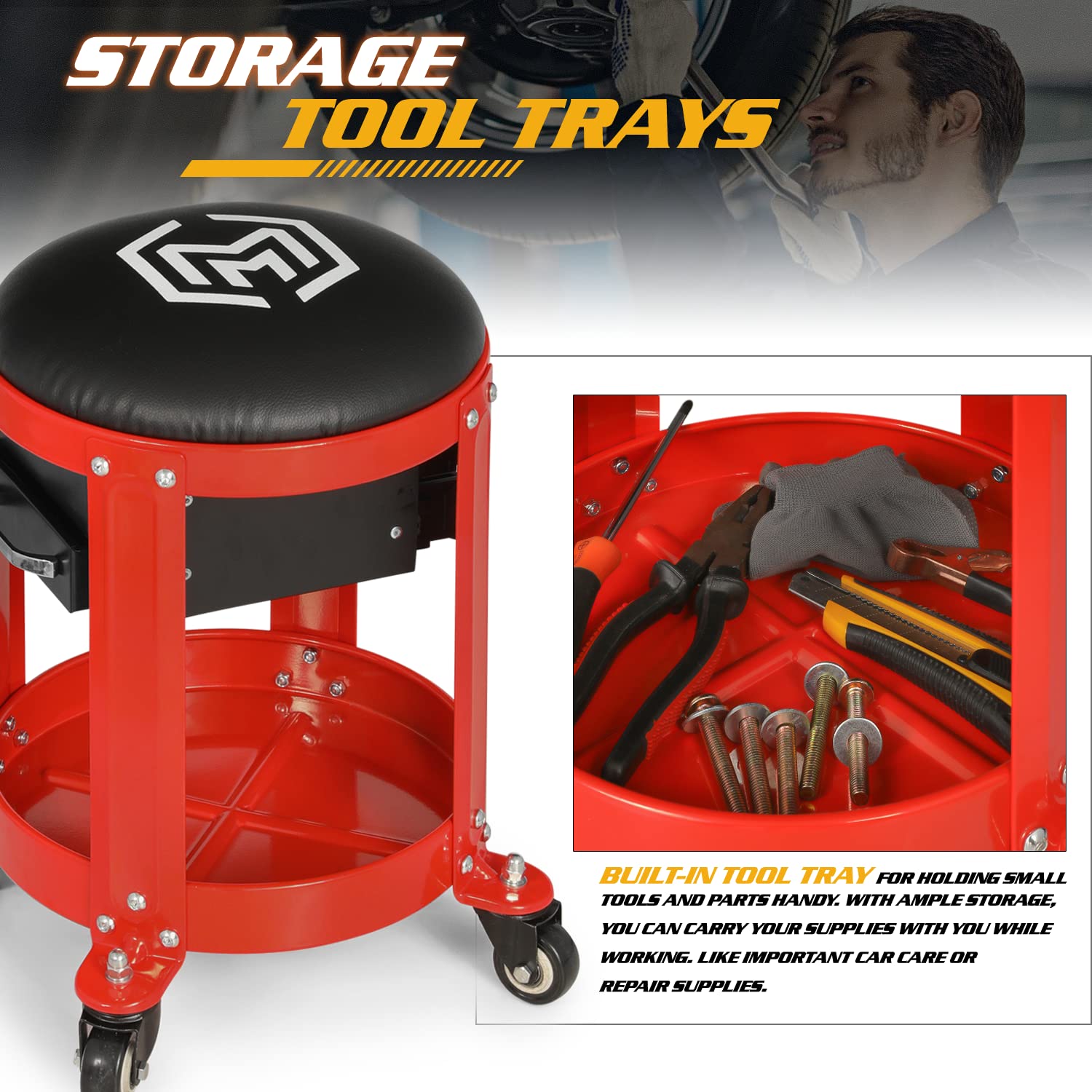 Magshion Round Mechanics Roller Seat with Build-in Drawer/Tool Storage and Can Holder, Padded Garage Stool with Wheels 300 lbs Capacity Rolling Magshion