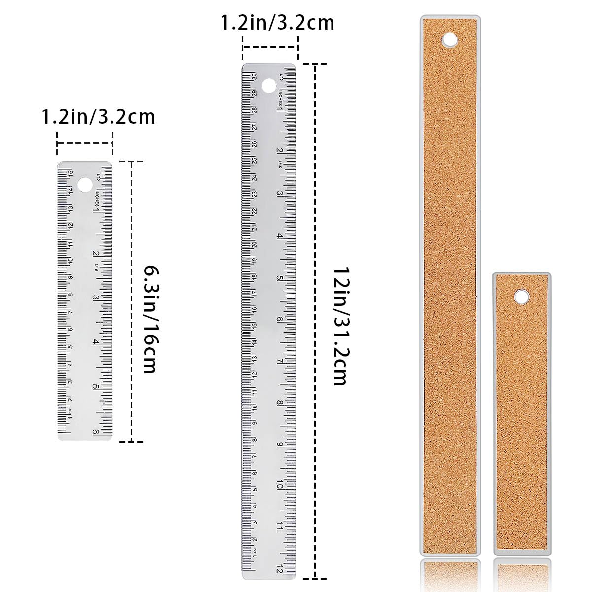 Metal Ruler 6 Inch 12 Inch Stainless Steel Metal Ruler with Cork Backing, Non-Slip Rulers with Inch and Centimeters, Straight Edge Cork Base Rulers HZMM