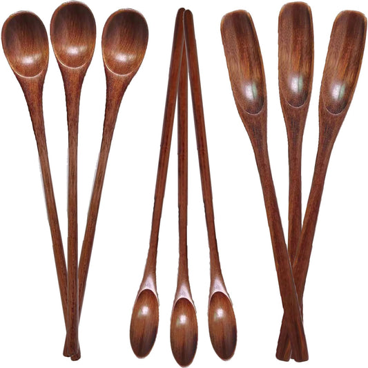 Wooden Spoons Long Handle Wooden Coffee Spoons Tea spoon Wooden Mixing Honey Spoon Handmade Wood Stirring Spoon for Kitchen Cooking Utensils(9PCS) - WoodArtSupply