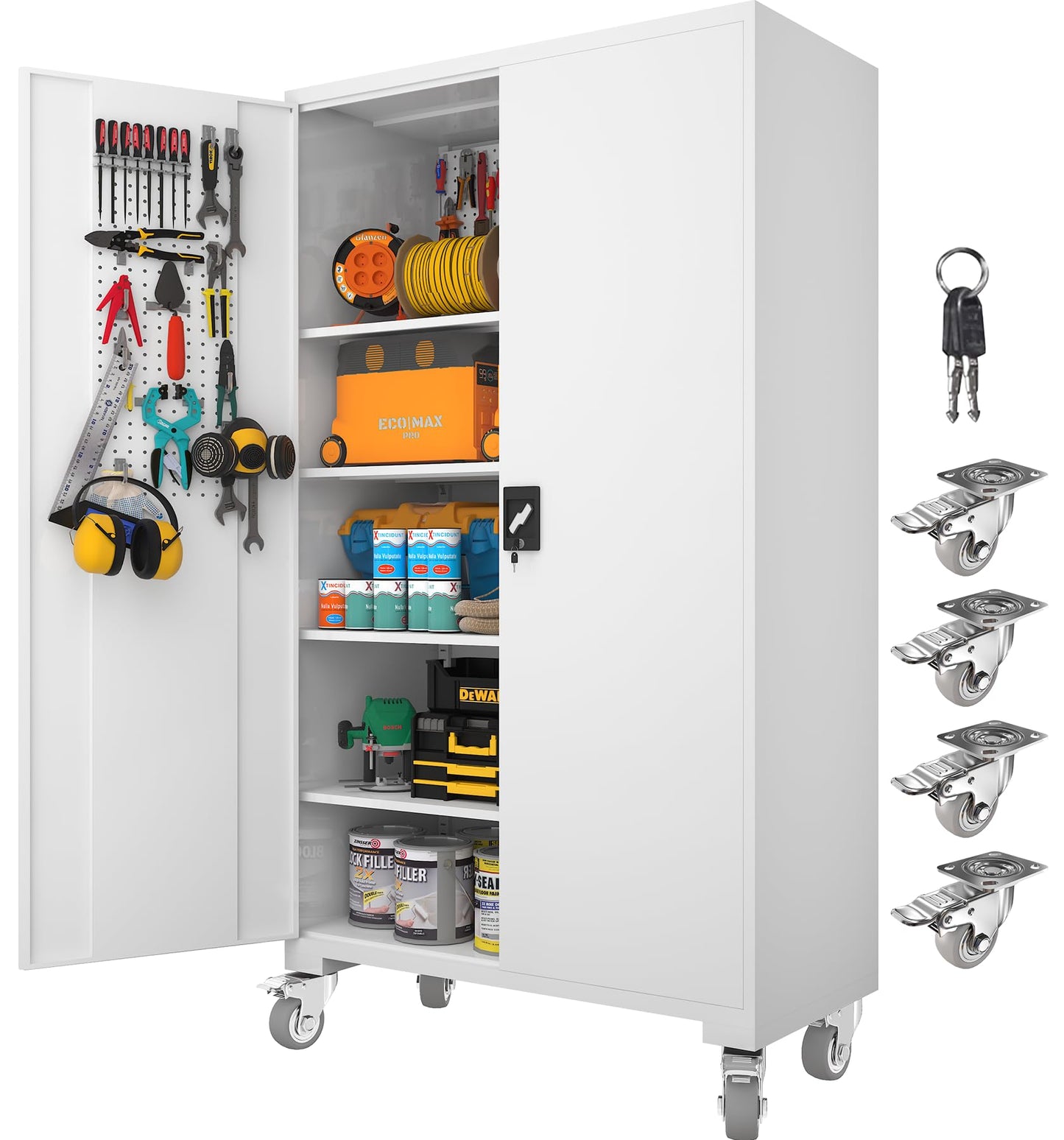 Upgraded Tall & Wide Metal Storage Cabinet with Doors & 4 Adjustable Shelves | Heavy-Duty Black Lockable Garage Cabinet with Wheels & Pegboard for - WoodArtSupply