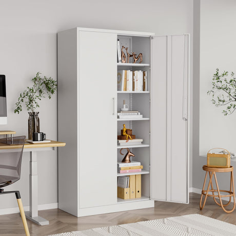 AFAIF Metal Storage Cabinet with Lock,71" White Garage Cabinet with 2 Doors and 5 Adjustable Shelves, Steel Locking Cabinets Tall Tool Storage AFAIF