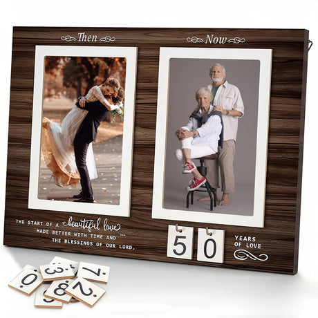 Then & Now Anniversary Picture Frame ,Holds 2 4x6 Inches Photos ,Personalized 1-99 Years 25th 40t 50th Wedding Gift Wood Photo Frames ,Picture Frame QUJOGA