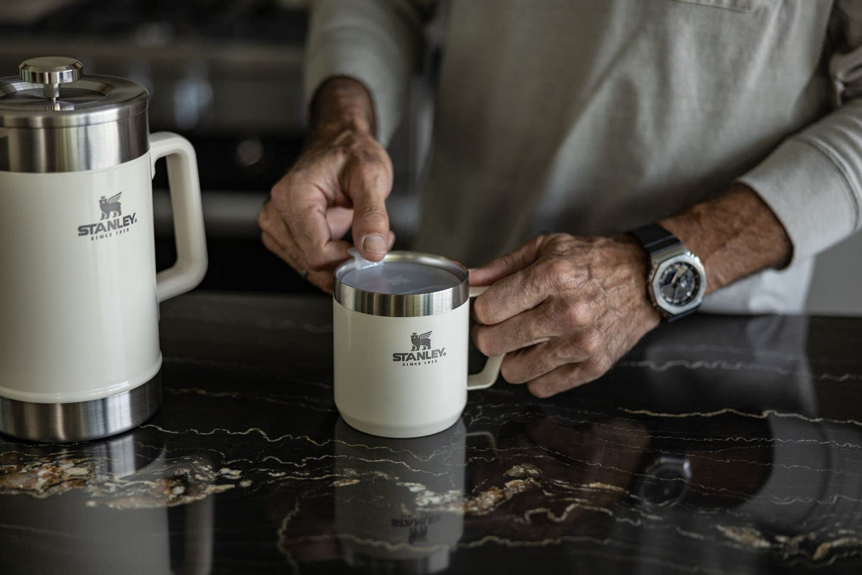 Stanley Stay Hot Camp Mug - Durable 18/8 Stainless Steel Insulated Mug - Splash-Free Tritan™ Drink-Thru Lid - 12 OZ - Cream Gloss STANLEY