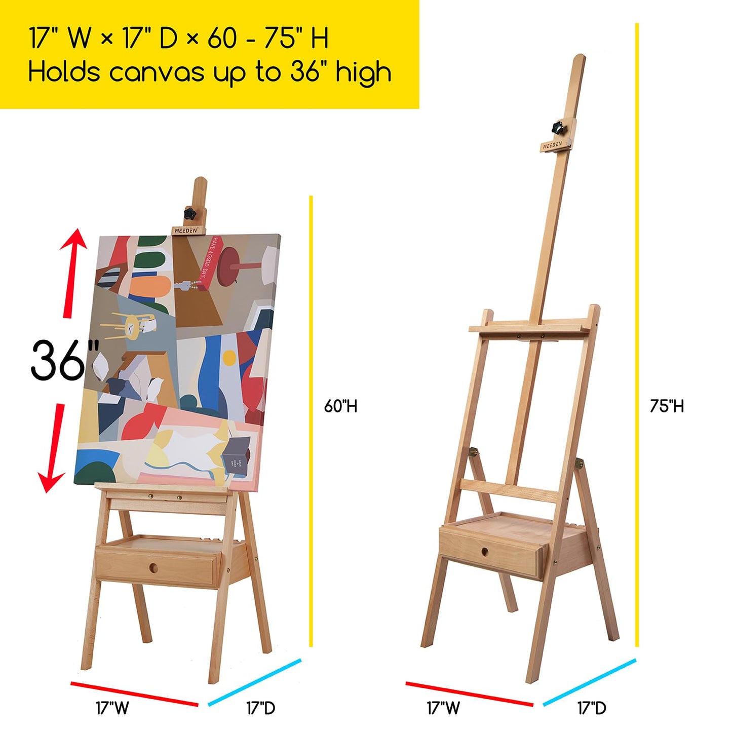 MEEDEN Painting Easel with Storage Drawer, Studio H-Frame Easel- Adjustable (60"~75") Solid Beech Wood Easel Stand for Painting for Adults, Holds - WoodArtSupply