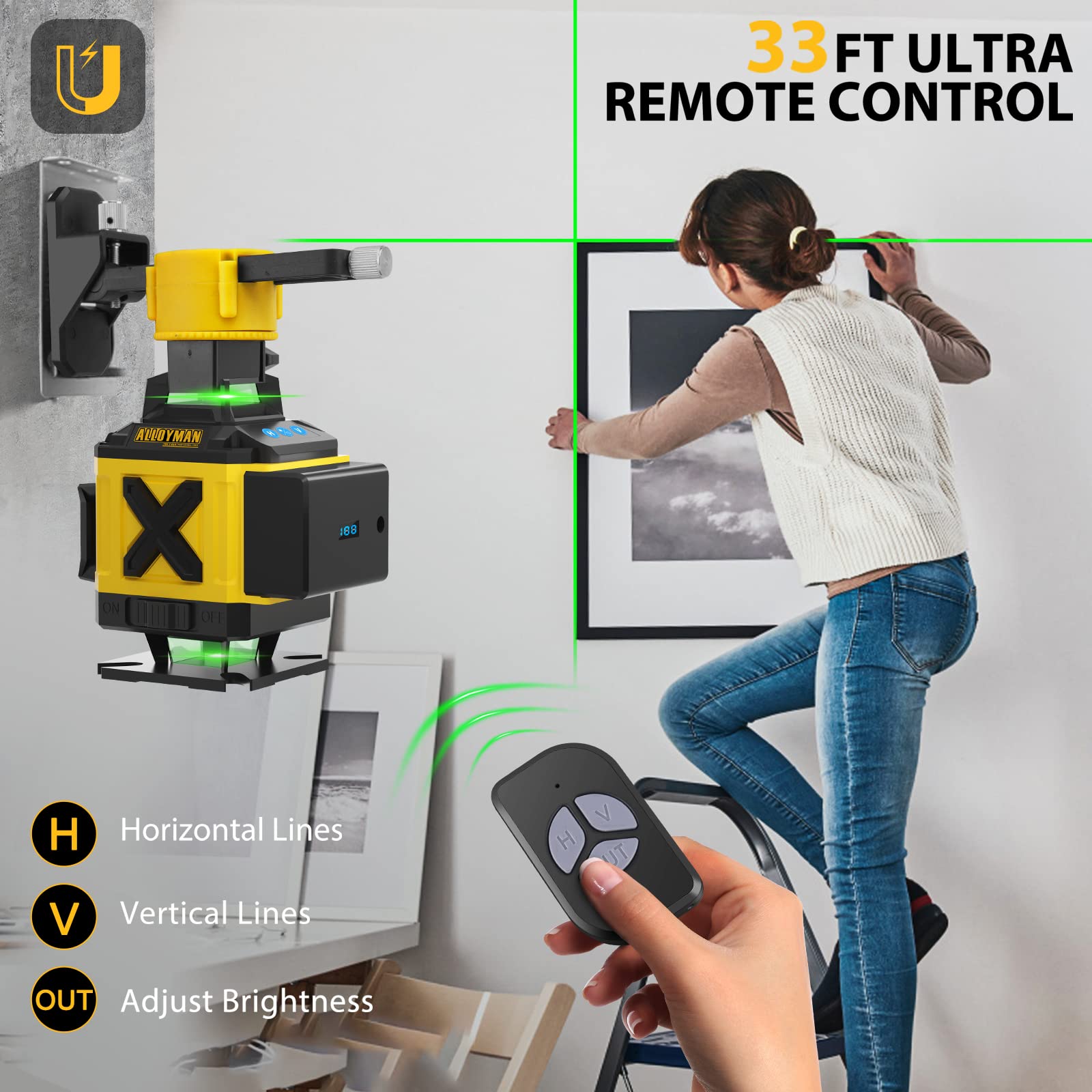 Alloyman 16 Line Laser Level, Self Leveling 4x360° Green Laser Level with 2Pcs Rechargeable Lithium Batteries/Wall Mount/Remote Control for Indoor - WoodArtSupply