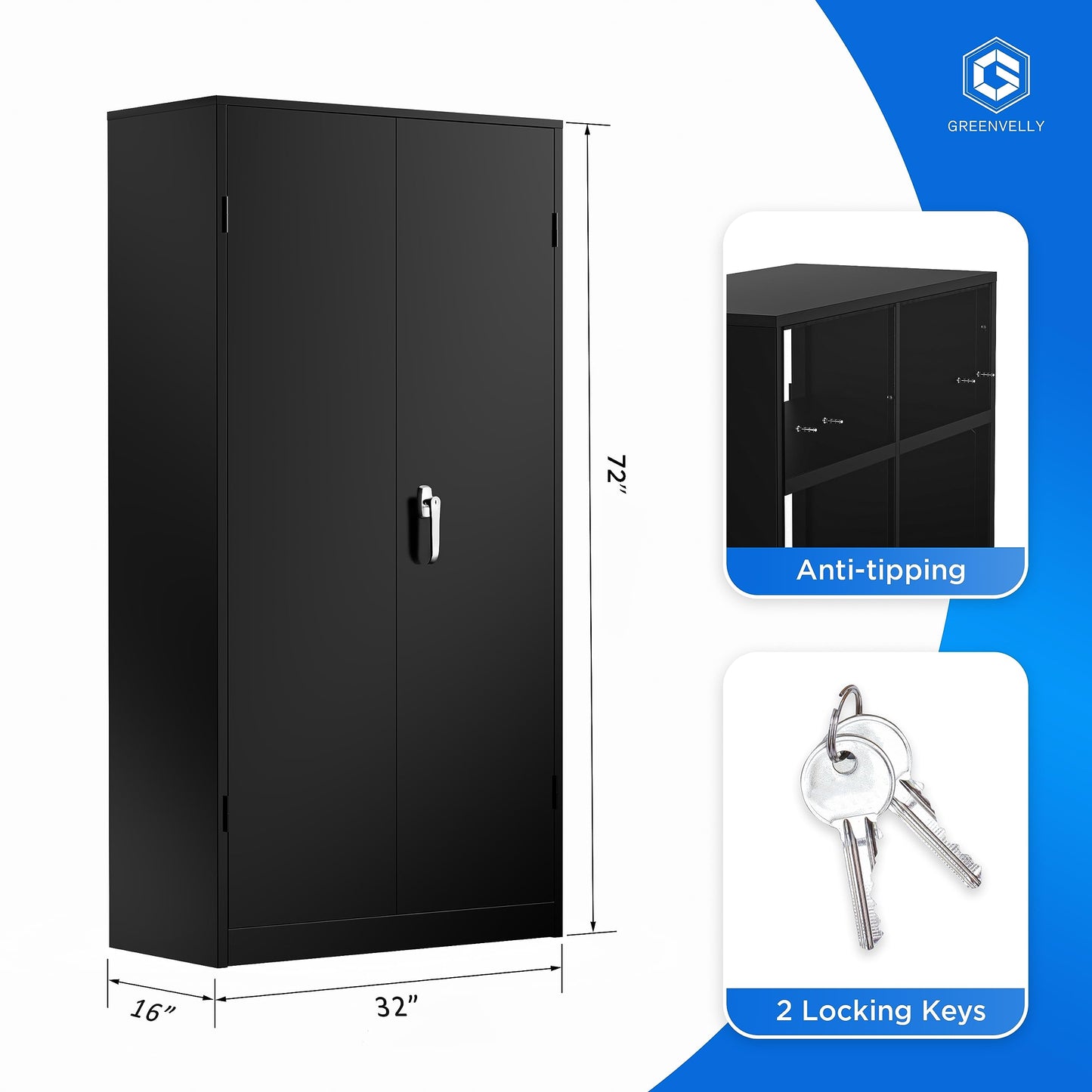 Greenvelly Metal Storage Cabinet, 72" Black Locking Storage Cabinets with Doors and 4 Shelves, Tall Tool Storage Cabinet for Garage, Steel Lockable