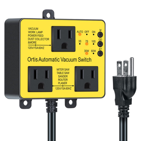 Automatic Vacuum Switch with Extra Outlet for Using More Power Tools, Ortis Dust Control Autoswitch Delay Vacuum On/Off to Prevent Circuit Overload Ortis