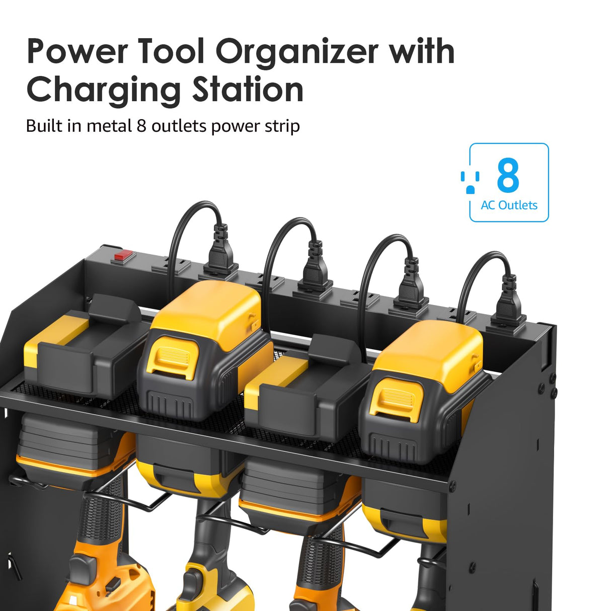 CCCEI Black Tools Organizer Wall Mount Charging Station, Power Tool Battery Storage Rack Built-in Power Strip. 8 Drill Holder, All Metal, Garage CCCEI