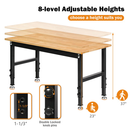 Betterhood 48" Heavy-Duty Adjustable Workbench for Garage, Rubber Wood Shop Table W/Rubber Pads, Hardwood Workstation Weight Capacity Over 2000 Lbs - WoodArtSupply