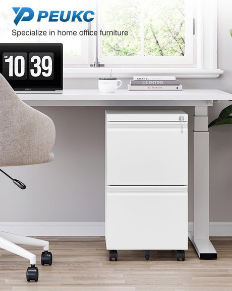 PEUKC 2 Drawer File Cabinet with Lock, Metal Under Desk Rolling Filing Cabinet fits Letter/Legal/A4 Size for Home Office, Mobile Filing Cabinet, PEUKC
