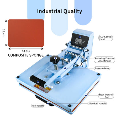 MAIKESUB 15.2x11.6 Inch High Pressure Heat Press Machine Sea Blue for T Shirts Digital Industrial Sublimation Printer for Heat Transfer Vinyl - WoodArtSupply