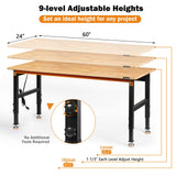 Betterhood Adjustable Height Workbench, 60" Rubber Wood Top Heavy Duty Workstation with Power Outlets, 2000 LBS Load Capacity Hardwood Worktable for Betterhood