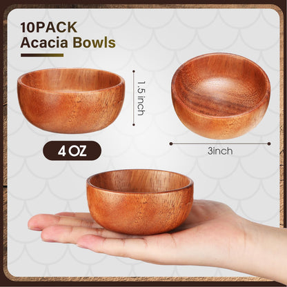 Skylety 10 Pcs Acacia Wooden Bowls Small Calabash Bowls Round Wood Salad Bowl Hand Carved Calabash Dip Tray for Serving Popcorn Pasta Candy Cereal - WoodArtSupply