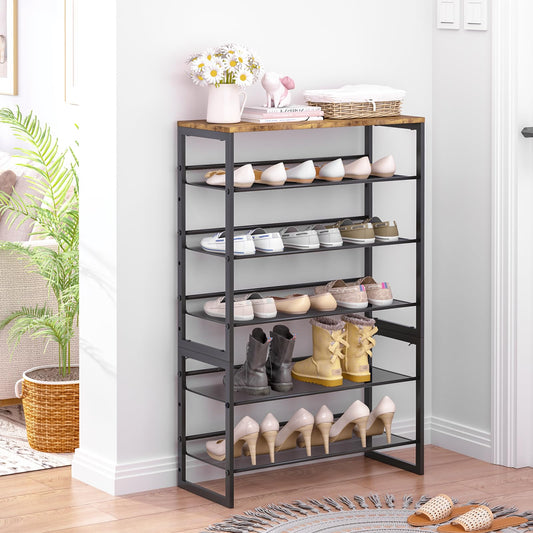 Garden 4 you Shoe Rack 6 Tiers Shoe Storage Organizer,Large Capacity Storage Rack With Brown Wooden Tabletop,Adjustable Metal Shelf Stackable Shoe - WoodArtSupply