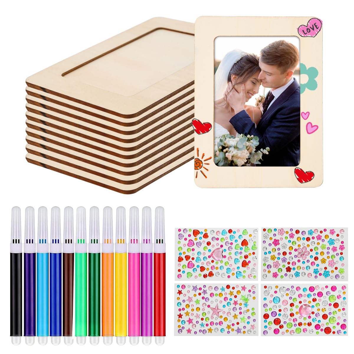 zjdbset Picture Frame Painting Craft Kit for 4 * 6 Photo,10Pcs DIY Unfinished Wooden Picture Frames with 12Pcs Painting Color Pen 4 Sheets Crystal - WoodArtSupply