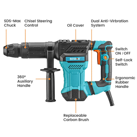 Berserker 1300W 12-Pound SDS-Max Demolition Jack Hammer,1-9/16" 11-Amp Corded Electric Heavy Duty Demo Chipping Hammer Concrete/Pavement Breaker with Berserker