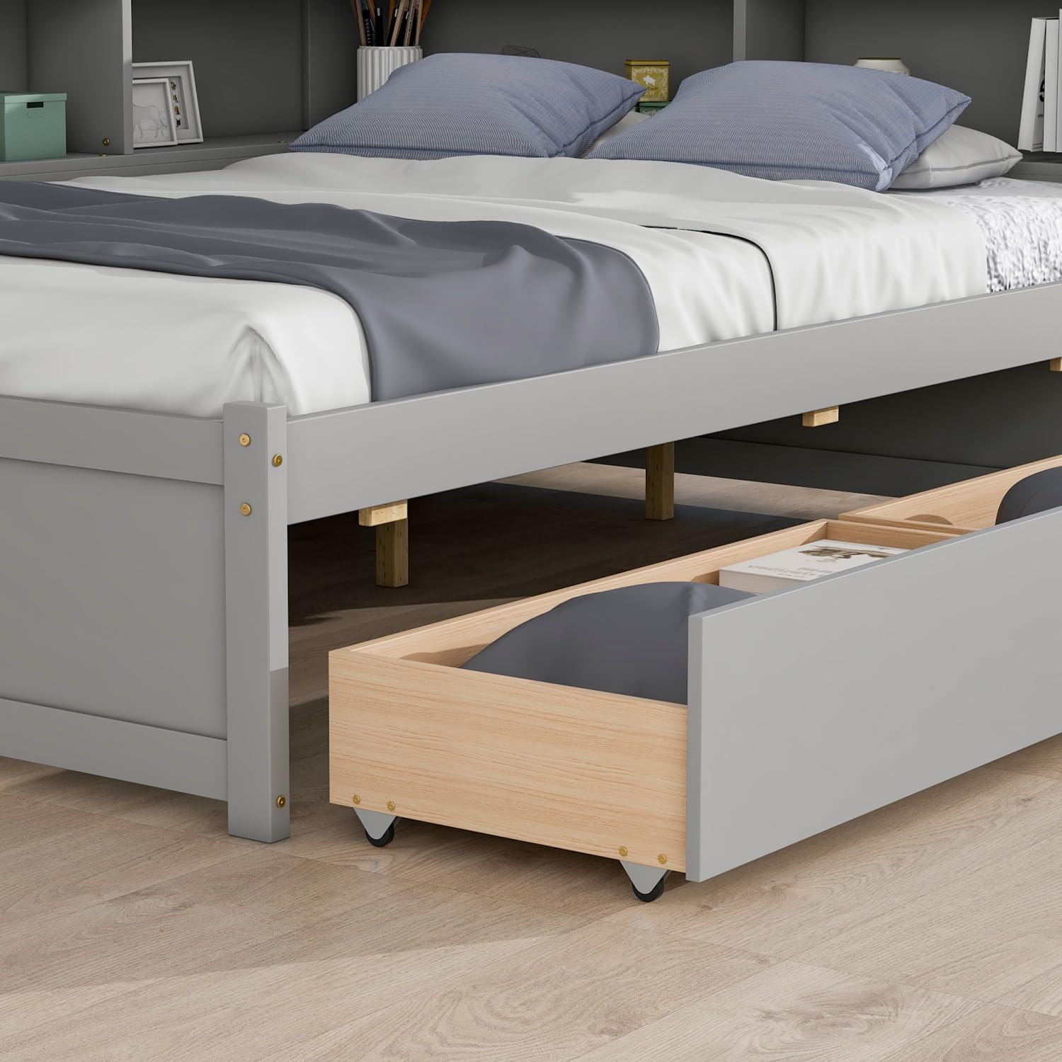 DNChuan Modern Gray Full Size Bed with L-Shaped Storage and Bookcase Headboard - WoodArtSupply