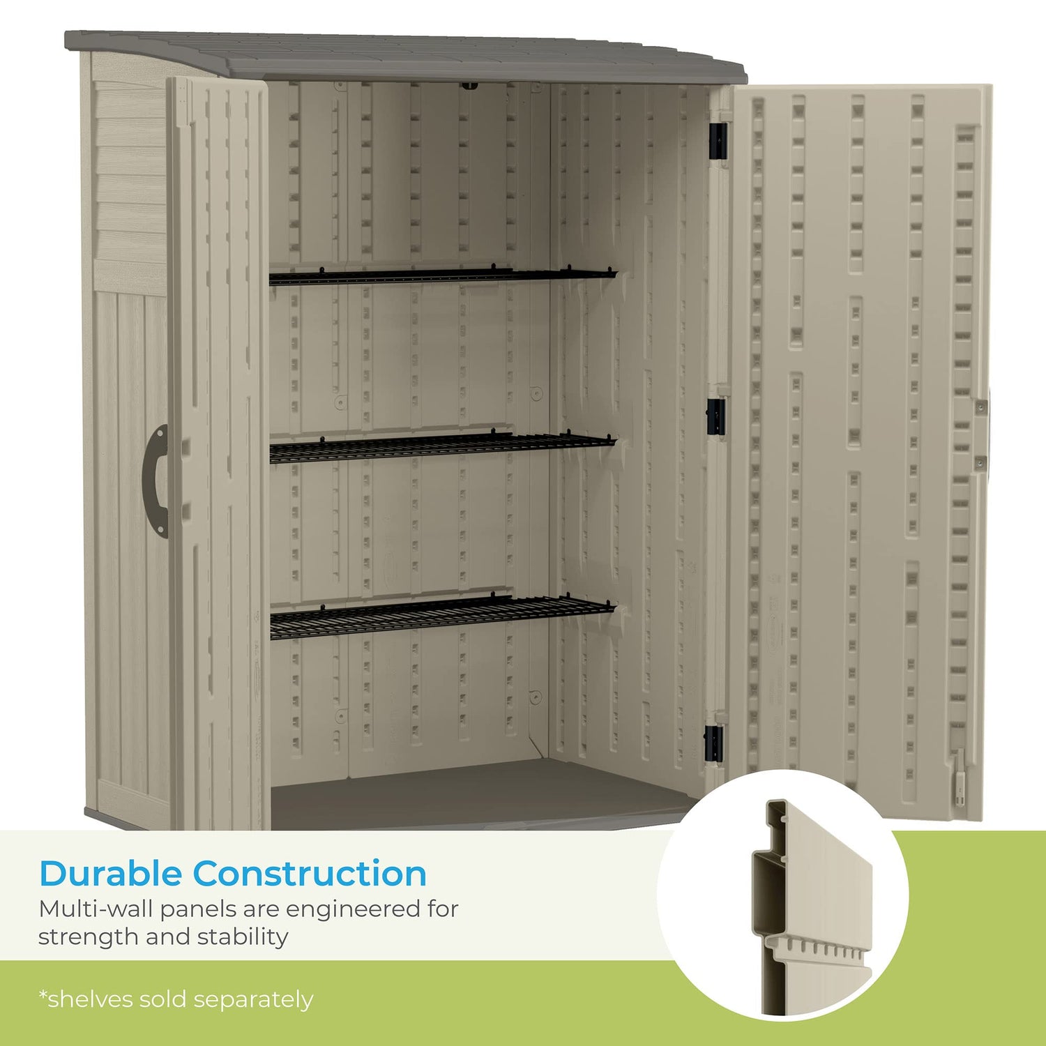 Suncast 54 Cubic Feet Vertical Storage Shed with Durable Plastic Construction, Multiple Wall Panels and Ample Space for Outdoor Storage Suncast