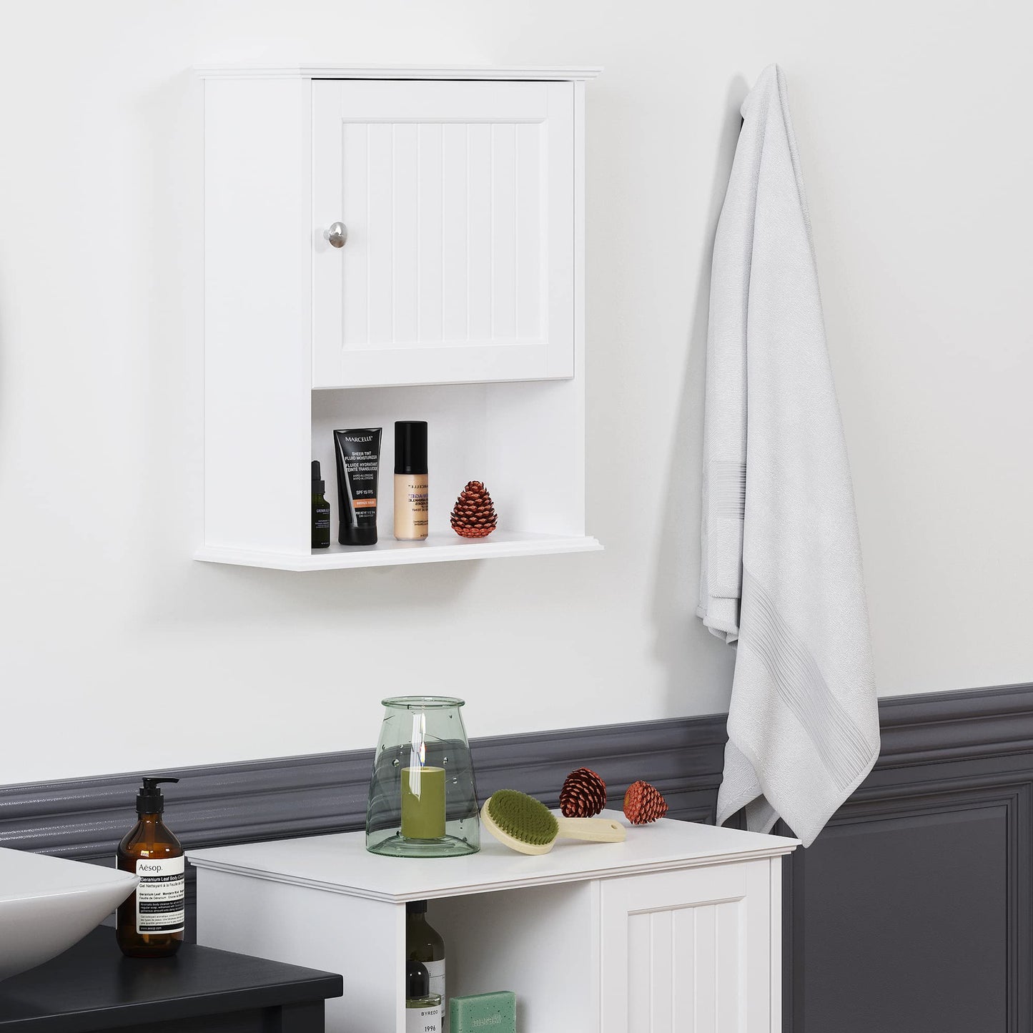 Spirich Bathroom Cabinet Wall Mounted with Single Door, Wood Hanging Cabinet with Adjustable Shelf White