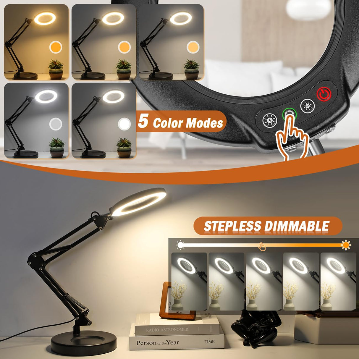 Veemagni 10X Magnifying Glass with Light, 5 Color Modes Stepless Dimmable 2-in-1 Desk Lamp and Clamp, LED Lighted Magnifier with Light and Stand, Veemagni