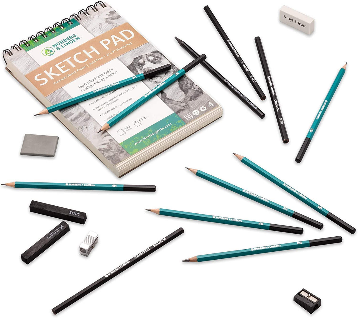 Norberg & Linden Drawing Set - Sketching and Charcoal Pencils - 100 Page Drawing Pad, Kneaded Eraser. Art Kit and Supplies for Kids, Teens and Adults Norberg & Linden