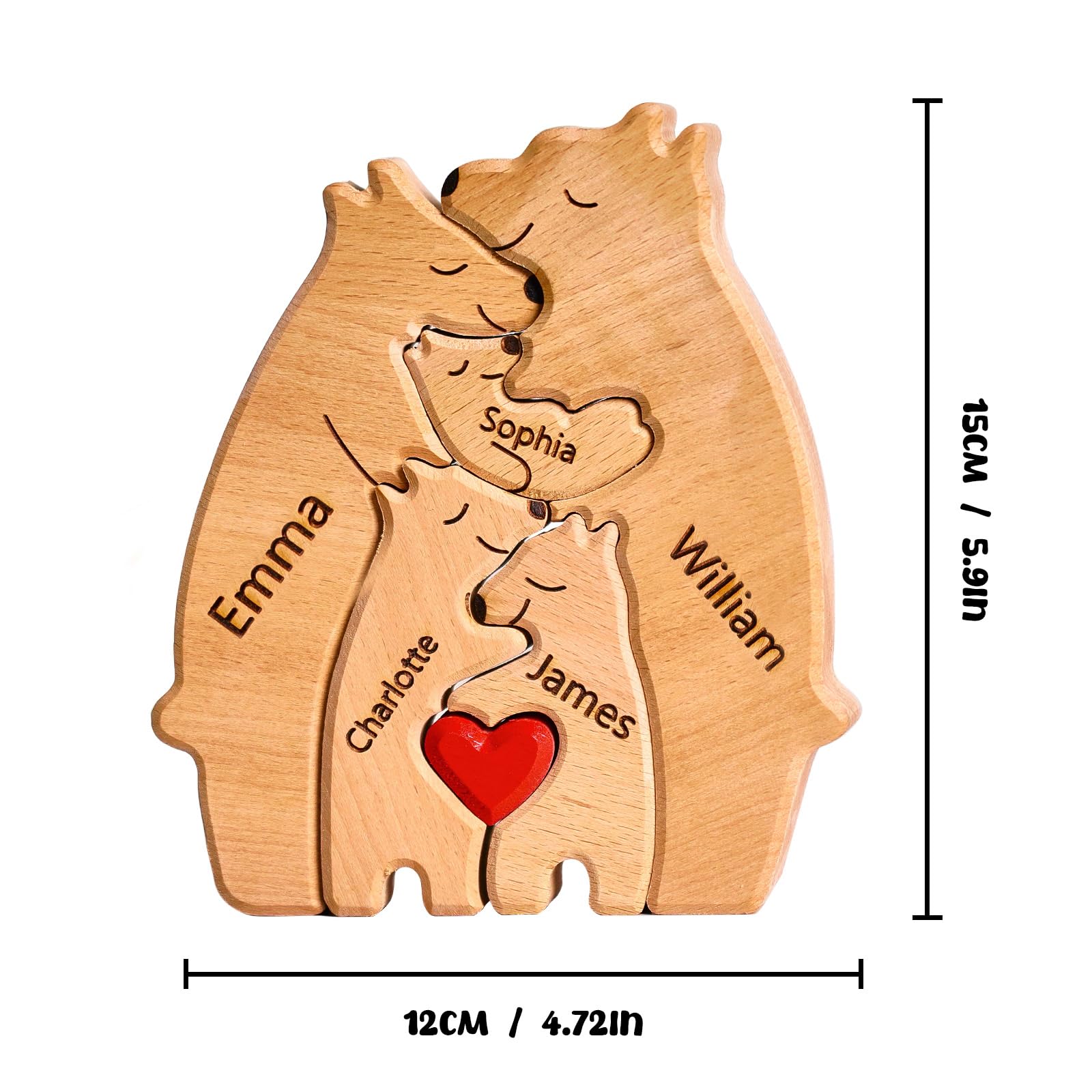 Personalized Wood Bear Puzzle with 1-8 Family Names, Custom Wooden Art Puzzle Gifts, Custom Family Name Sculpture, Home Decoration Christmas, - WoodArtSupply