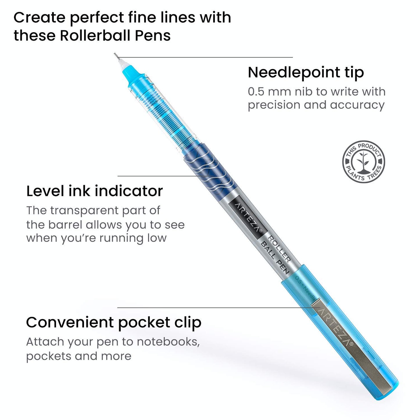 ARTEZA Rollerball Pens Fine Point, Set of 24 Colored Pens with Liquid Ink, Extra Fine 0.5 mm Needle Tip Pen, Make Precise Lines, Office Supplies for