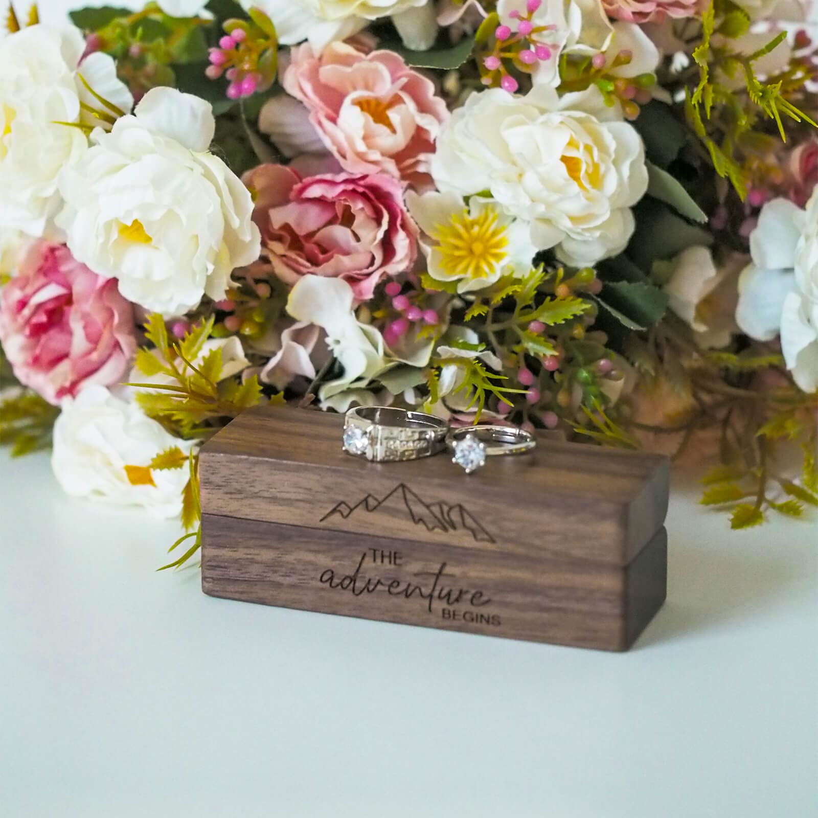 Muchly Engraved Flip Wooden 2 Ring box for wedding -Rustic Vintage Solid Wood rectangle Jewelry Storage Box - WoodArtSupply