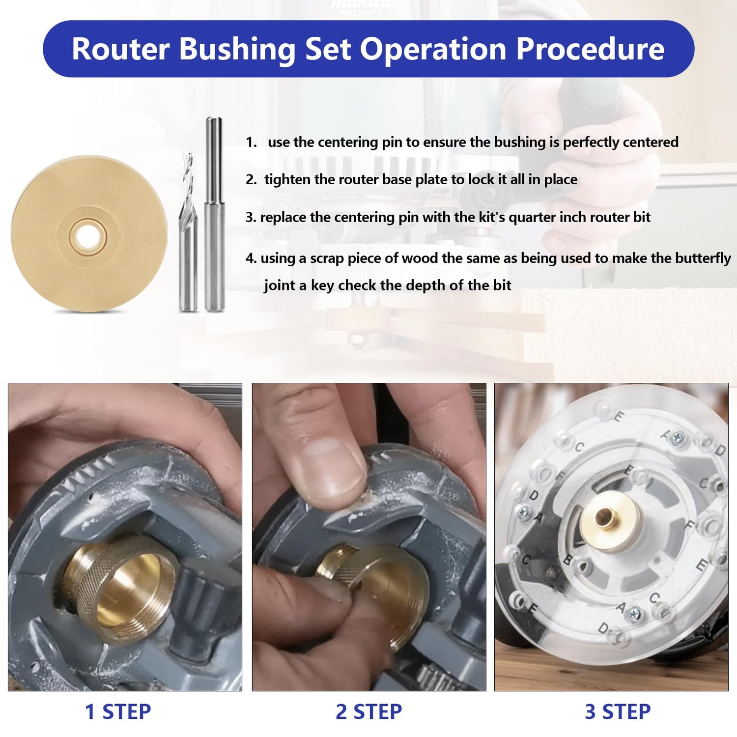 71333 Router Bits Solid Brass Inlay Kit for Powertec 1/4 Templates for High RPM Routing, Includes 1/8" Carbide Router Bit/Cutter + 1/4" Shank, Alocs