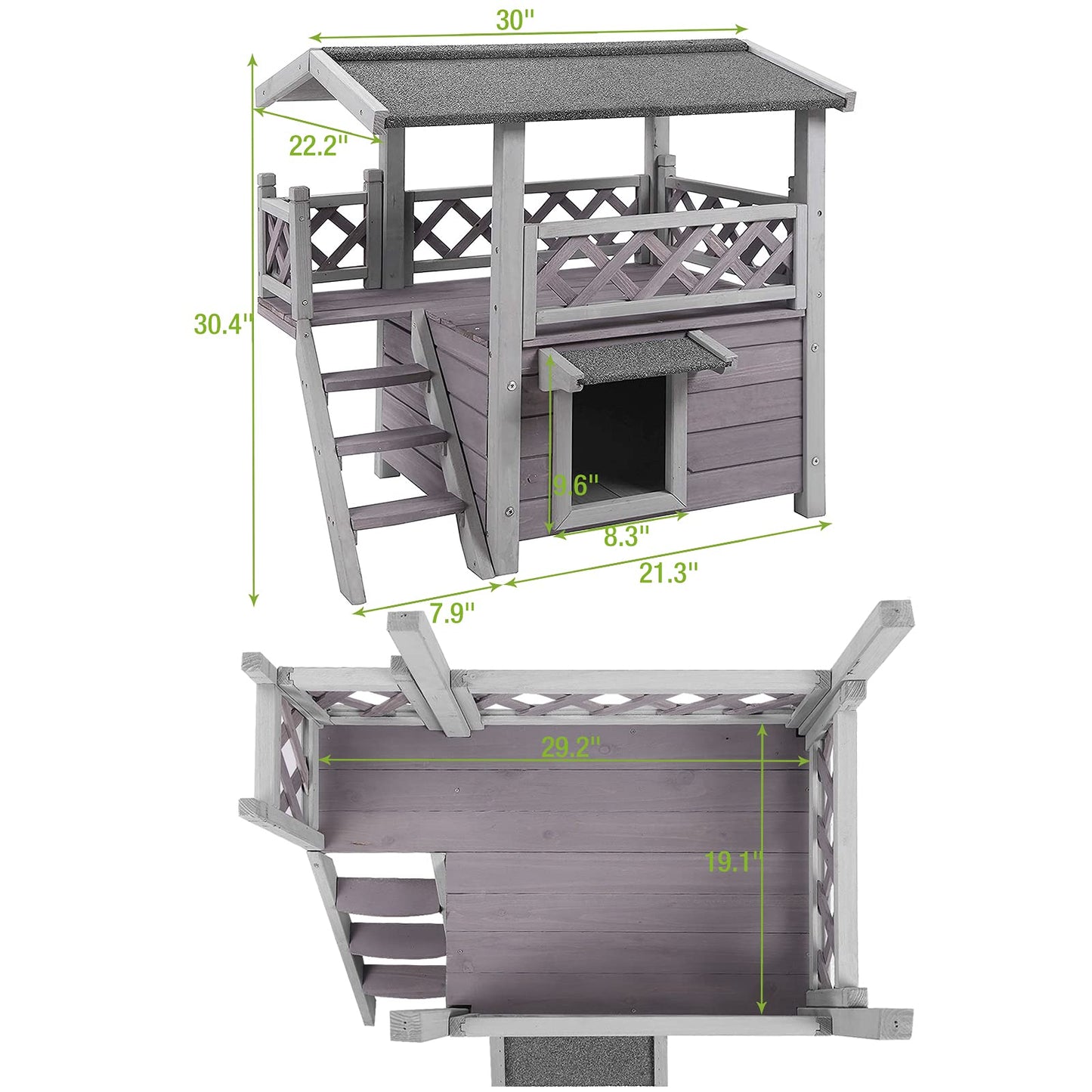 Cat House with Door for Feral Cats, Rainproof Outside Kitty House, 2 Story Wooden Kitten Condo with Stairs (AIR09-BS)