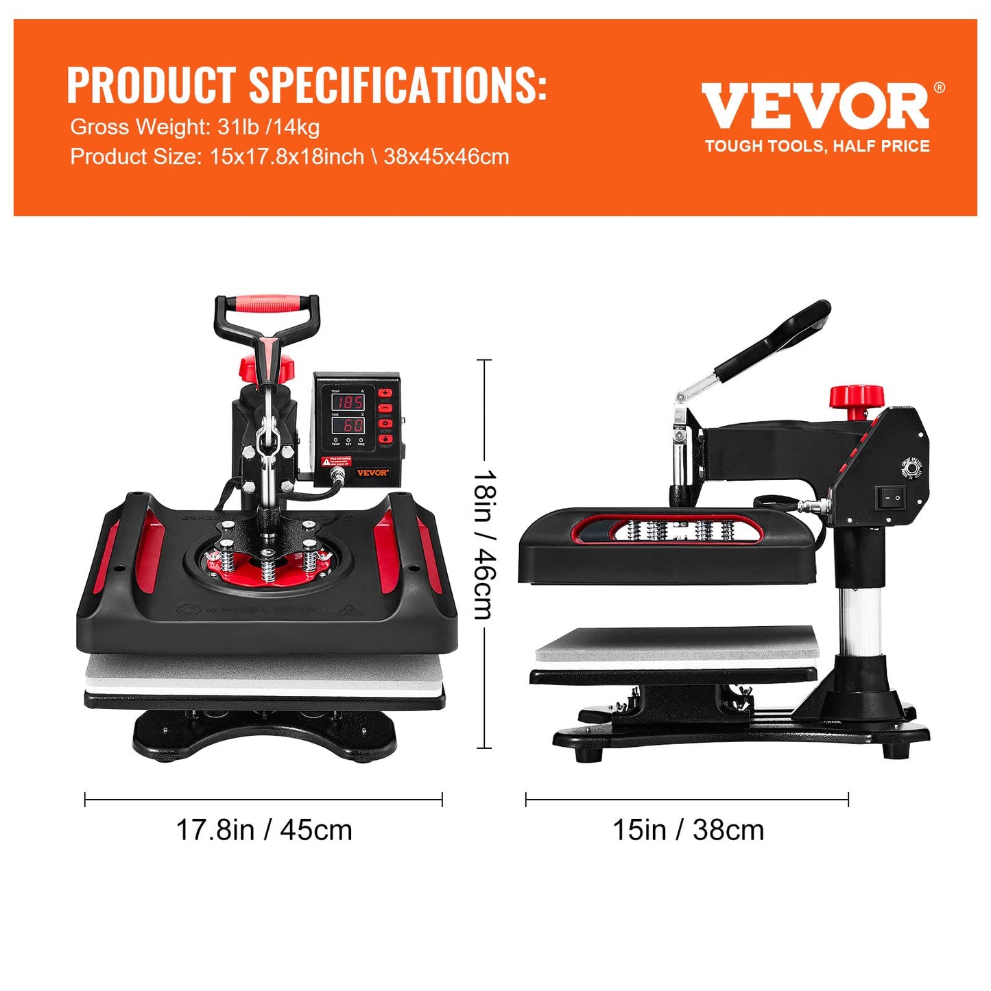 VEVOR 11 in 1 Heat Press Machine 15x12 Inch Tshirt Press Machine 360° Swing Away Digital Shirt Printing Multifunction Heat Transfer Clamshell - WoodArtSupply