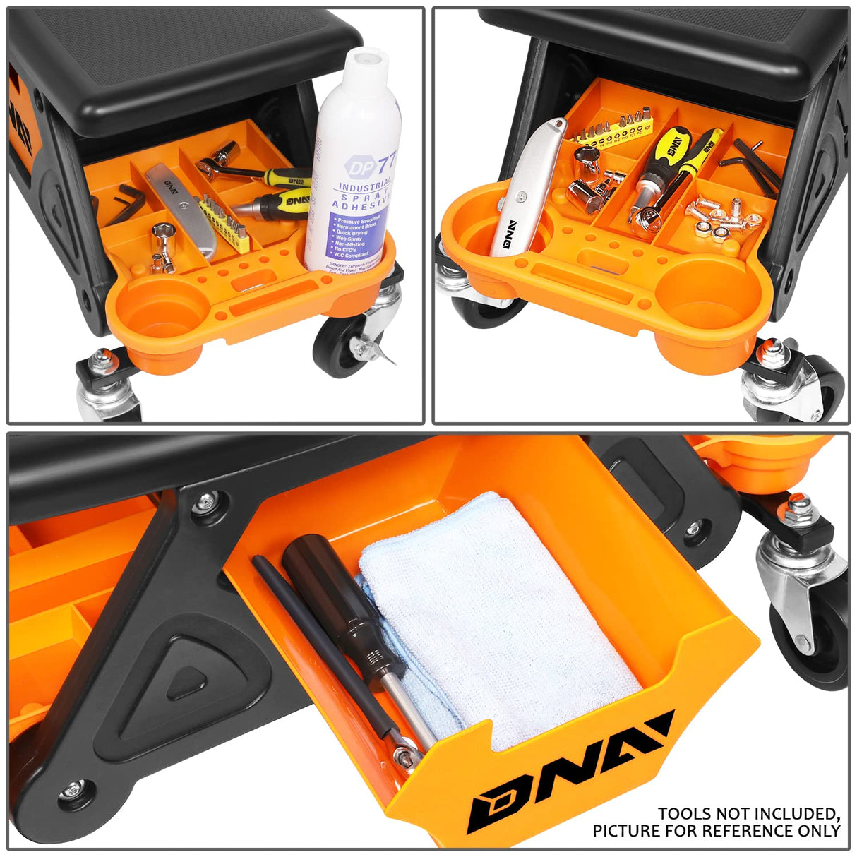 DNA Motoring TOOLS-00189 Mechanic Stool - 25-1/2" x 13" x 12" (L x H x W), Rolling Work Seat w/Lockable Swivel Wheels and Storage Tool Tray DNA MOTORING