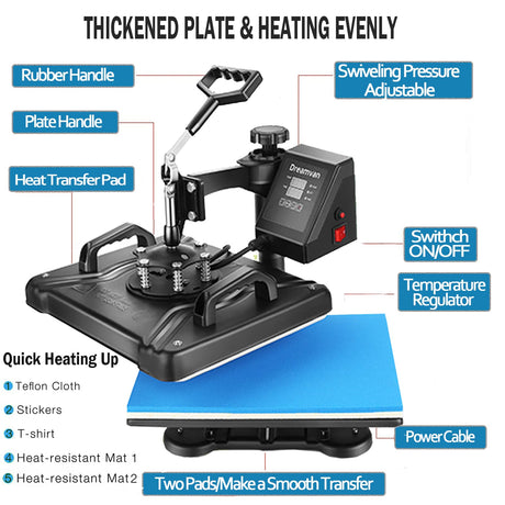 5 in 1 Heat Press Machine for t Shirts Heat Transfer Machine12" X 15"Swing Away Shirt Printing Multifunctional Sublimation Machine Digital Shirt AKEYDIY