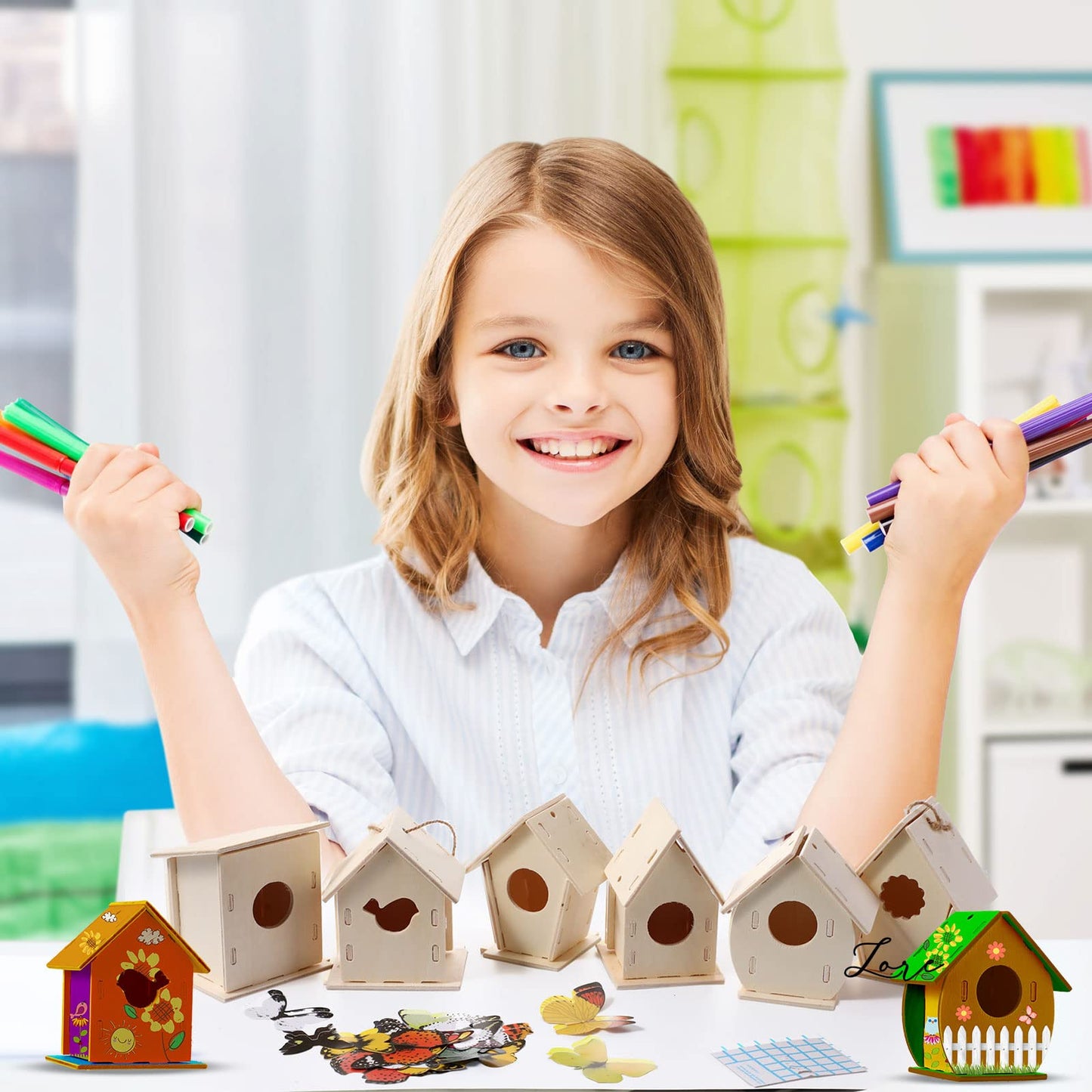 48 Wooden Bird House Kits for Children to Build, Wooden Birdhouse in 6 Shapes and 57 Stereoscopic Butterfly Sticker for Kids Party Art and Craft Kits